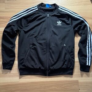 Adidas Men's Black Bomber Jacket with White Stripes